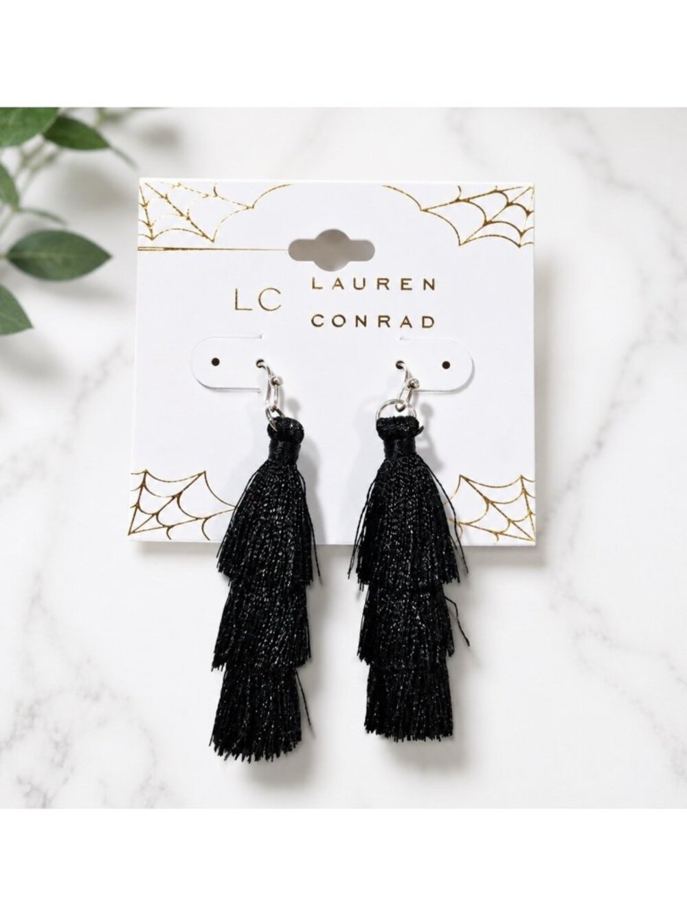Lauren Conrad Black Tassel Fringe Dangle Earrings Silvertone Feminine 2" NEW
